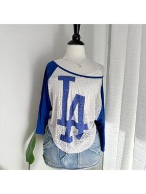 Rare PINK Victoria’s Secret x 5th & Ocean white and blue LA Dodgers top